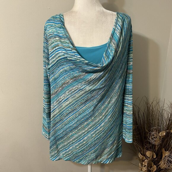 Coldwater Creek Cowl Neck Knit Top Women Teal Blue Striped Stretch Long Sleeve M - Picture 1 of 6